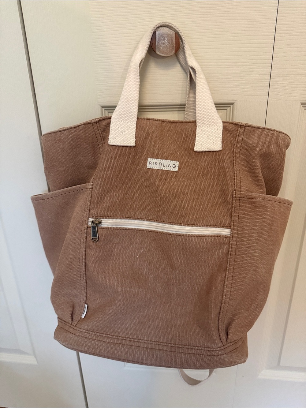 Birdling Canvas Tote Backpack in Brown with Cream Handles